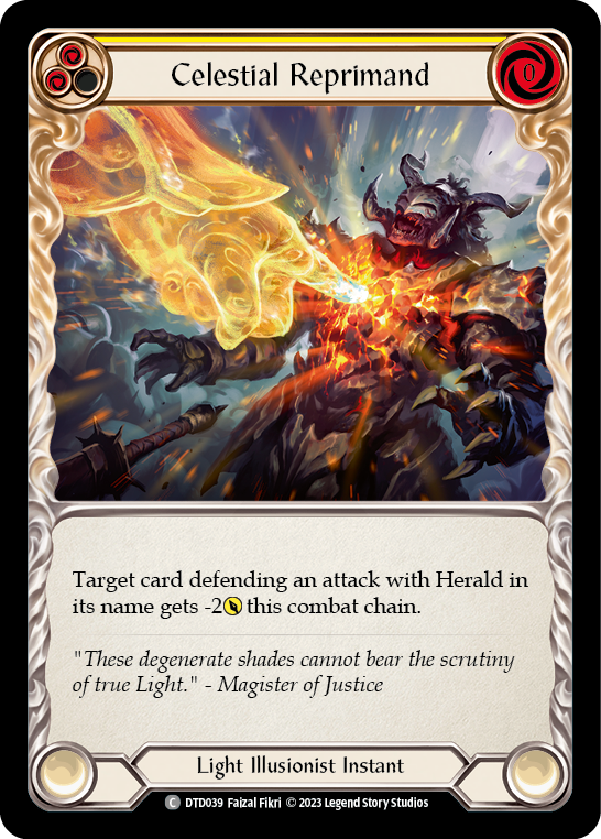 Flesh and Blood TCG | Celestial Reprimand (Yellow) [DTD039] (Dusk Till Dawn)  Rainbow Foil | The Nerd Merchant