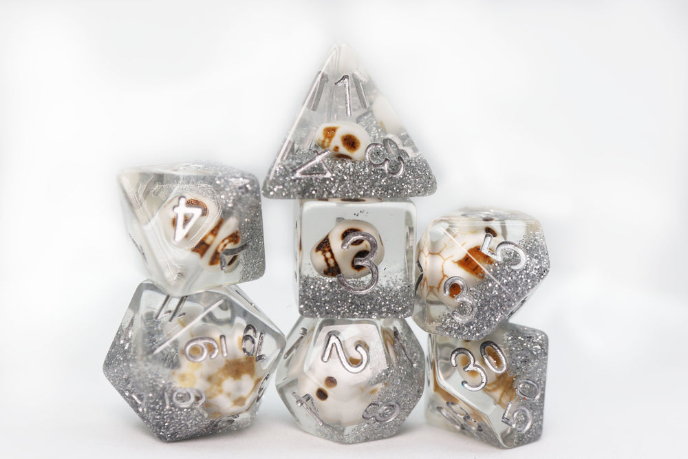 Foam Brain Games | Skull and Silver Glitter RPG Dice Set | The Nerd Merchant
