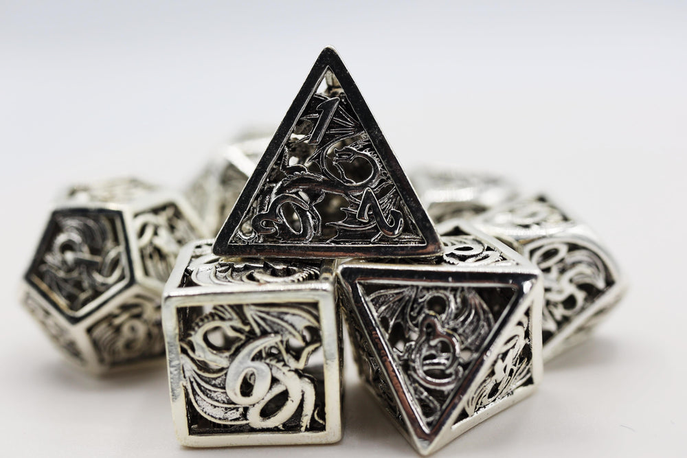 Foam Brain Games | Dragon Essence: Mithril - Hollow Metal RPG Dice Set | The Nerd Merchant