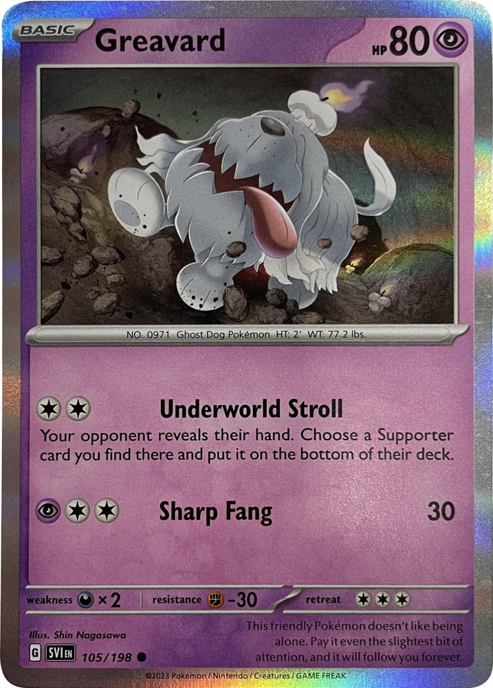 Pokemon | Greavard (105/198) (Mirage Holo) [Scarlet & Violet: Base Set] | The Nerd Merchant