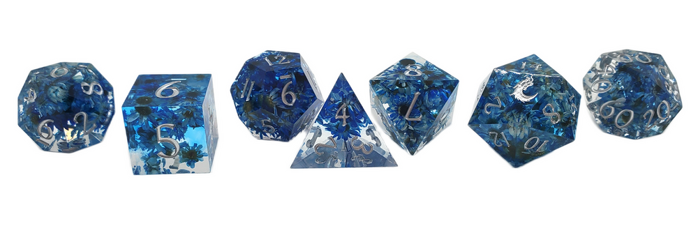 Old School Dice: Sharp Edged 7-Piece Dice Set - Blue Flower