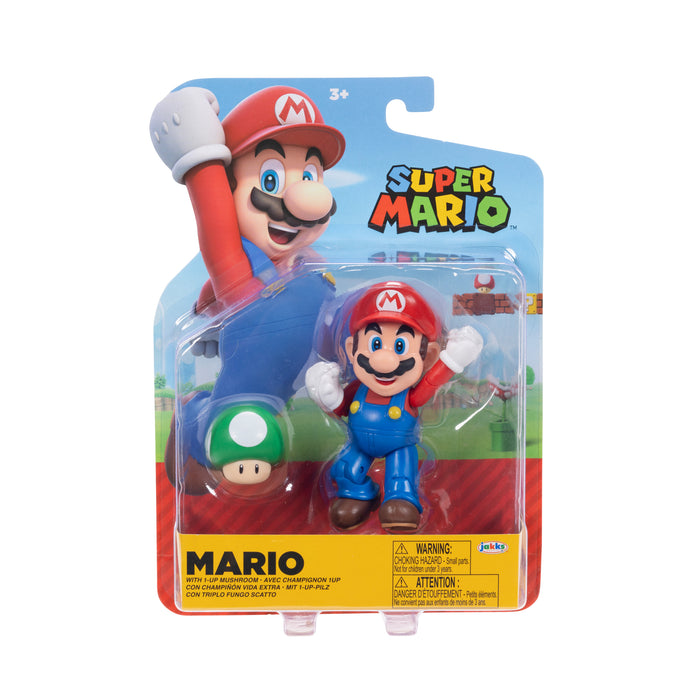 Jakks Pacific - Super Mario 4.0in Figures - Mario w/ 1up Mushroom