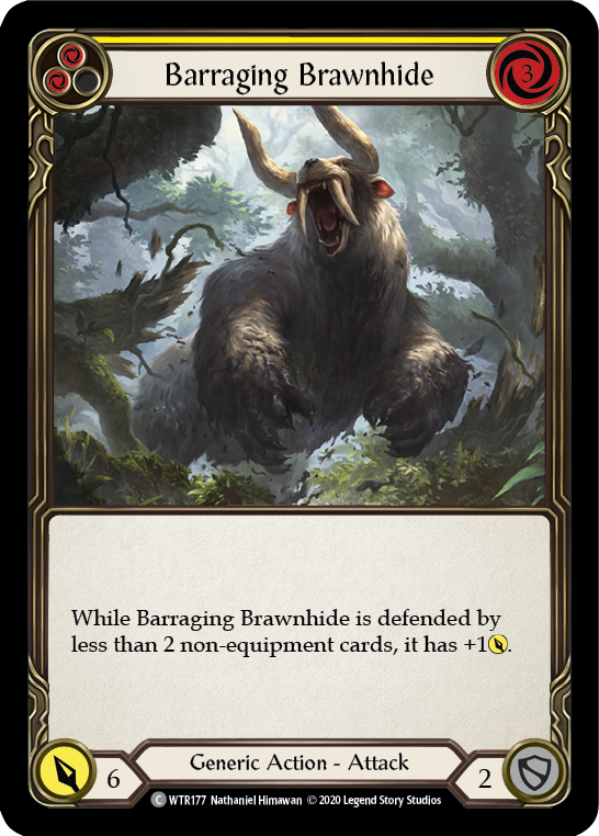 Flesh and Blood TCG | Barraging Brawnhide (Yellow) [U-WTR177] (Welcome to Rathe Unlimited)  Unlimited Rainbow Foil | The Nerd Merchant