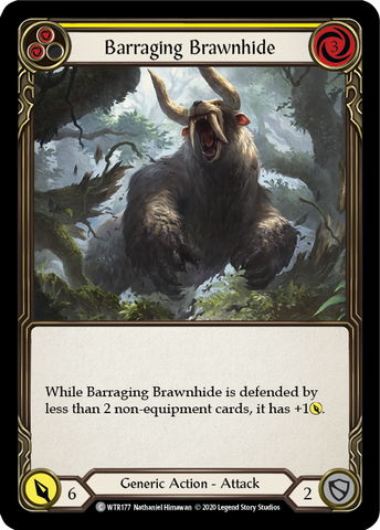 Flesh and Blood TCG | Barraging Brawnhide (Yellow) [U-WTR177] (Welcome to Rathe Unlimited)  Unlimited Rainbow Foil | The Nerd Merchant
