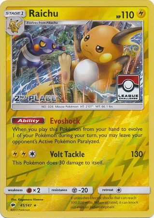 Pokemon | Raichu (41/147) (League Promo 2nd Place) [Sun & Moon: Burning Shadows] | The Nerd Merchant