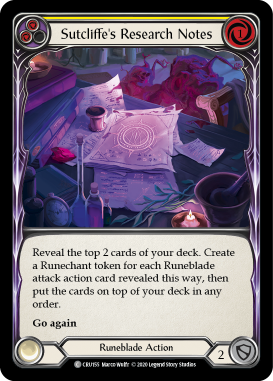 Flesh and Blood TCG | Sutcliffe's Research Notes (Yellow) [CRU155] (Crucible of War)  1st Edition Rainbow Foil | The Nerd Merchant