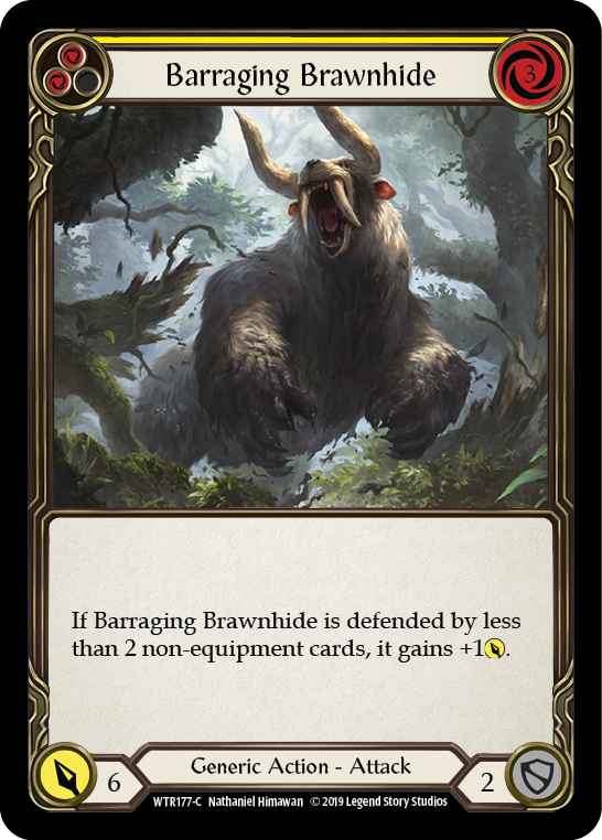 Flesh and Blood TCG | Barraging Brawnhide (Yellow) [WTR177-C] (Welcome to Rathe)  Alpha Print Normal | The Nerd Merchant