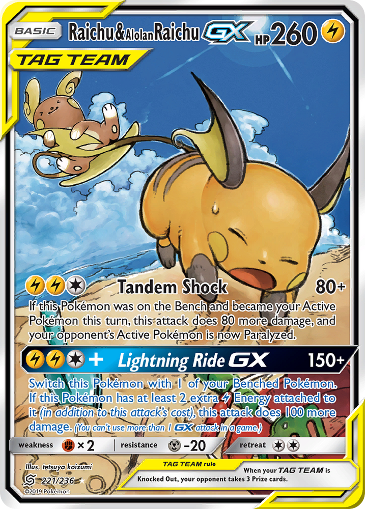 Pokemon | Raichu & Alolan Raichu GX (221/236) [Sun & Moon: Unified Minds] | The Nerd Merchant