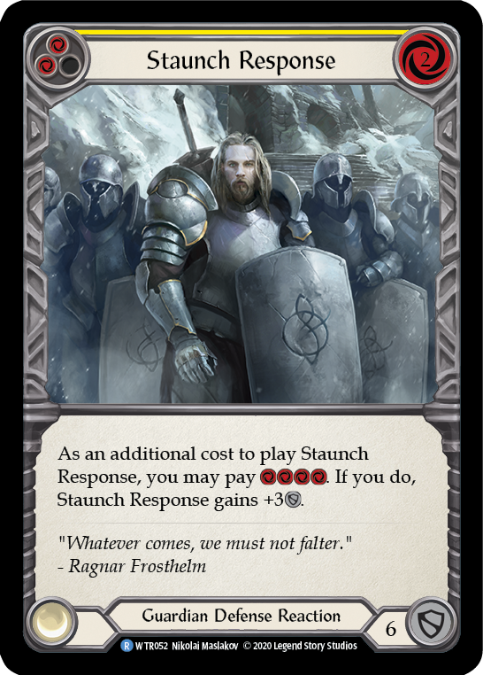 Flesh and Blood TCG | Staunch Response (Yellow) [U-WTR052] (Welcome to Rathe Unlimited)  Unlimited Rainbow Foil | The Nerd Merchant