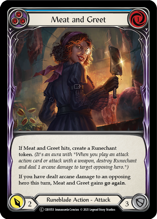 Flesh and Blood TCG | Meat and Greet (Blue) [U-CRU153] (Crucible of War Unlimited)  Unlimited Rainbow Foil | The Nerd Merchant
