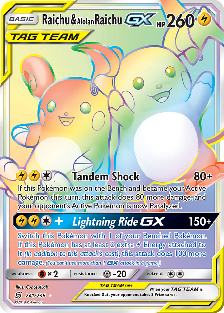 Pokemon | Raichu & Alolan Raichu GX (241/236) [Sun & Moon: Unified Minds] | The Nerd Merchant