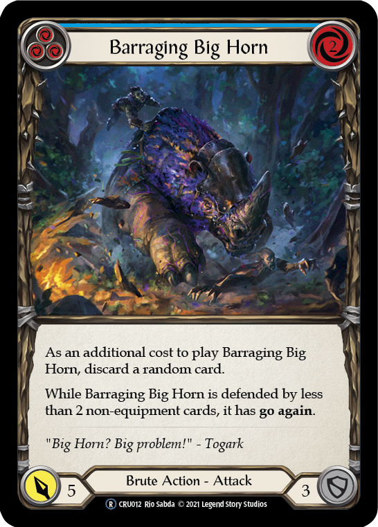 Flesh and Blood TCG | Barraging Big Horn (Blue) [U-CRU012] (Crucible of War Unlimited)  Unlimited Rainbow Foil | The Nerd Merchant