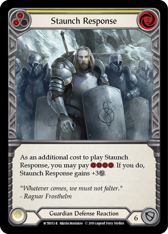 Flesh and Blood TCG | Staunch Response (Yellow) [WTR052-R] (Welcome to Rathe)  Alpha Print Rainbow Foil | The Nerd Merchant