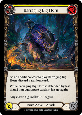 Flesh and Blood TCG | Barraging Big Horn (Yellow) [U-CRU011] (Crucible of War Unlimited)  Unlimited Rainbow Foil | The Nerd Merchant