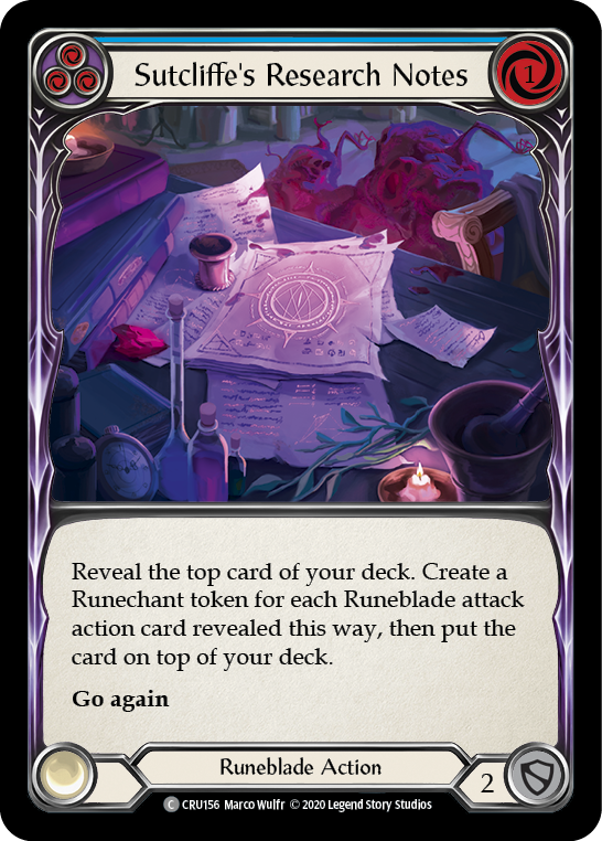 Flesh and Blood TCG | Sutcliffe's Research Notes (Blue) [CRU156] (Crucible of War)  1st Edition Rainbow Foil | The Nerd Merchant
