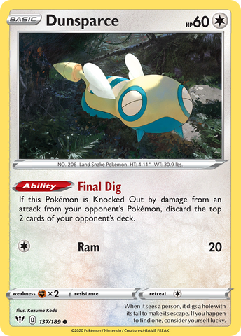 Pokemon | Dunsparce (137/189) [Sword & Shield: Darkness Ablaze] | The Nerd Merchant