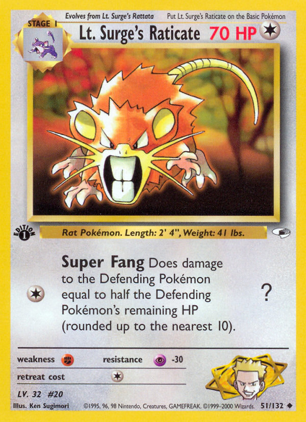 Pokemon | Lt. Surge's Raticate (51/132) [Gym Heroes 1st Edition] | The Nerd Mechant