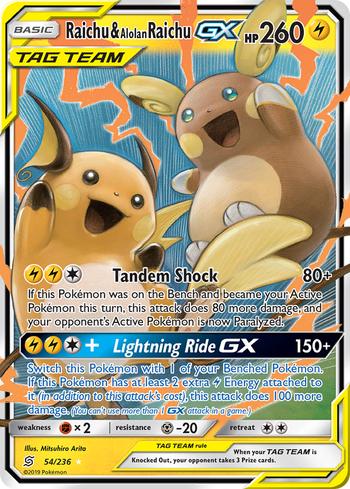 Pokemon | Raichu & Alolan Raichu GX (54/236) [Sun & Moon: Unified Minds] | The Nerd Merchant