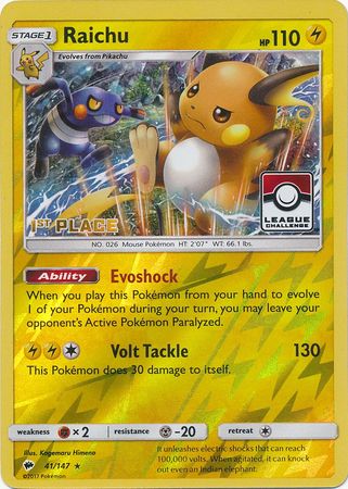 Pokemon | Raichu (41/147) (League Promo 1st Place) [Sun & Moon: Burning Shadows] | The Nerd Merchant