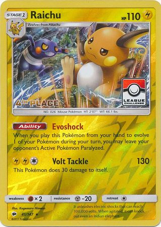 Pokemon | Raichu (41/147) (League Promo 4th Place) [Sun & Moon: Burning Shadows] | The Nerd Merchant