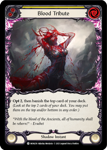 Flesh and Blood TCG | Blood Tribute (Yellow) [MON216-RF] (Monarch)  1st Edition Rainbow Foil | The Nerd Merchant