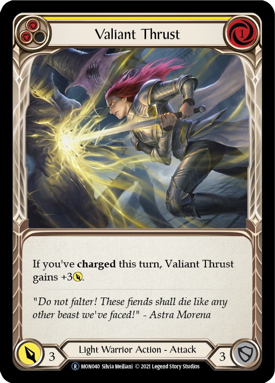 Flesh and Blood TCG | Valiant Thrust (Yellow) [U-MON040-RF] (Monarch Unlimited)  Unlimited Rainbow Foil | The Nerd Merchant
