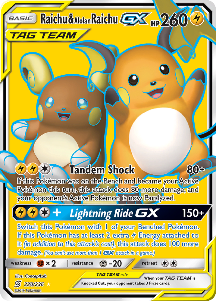 Pokemon | Raichu & Alolan Raichu GX (220/236) [Sun & Moon: Unified Minds] | The Nerd Merchant
