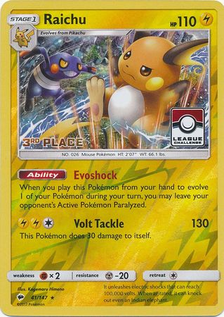 Pokemon | Raichu (41/147) (League Promo 3rd Place) [Sun & Moon: Burning Shadows] | The Nerd Merchant
