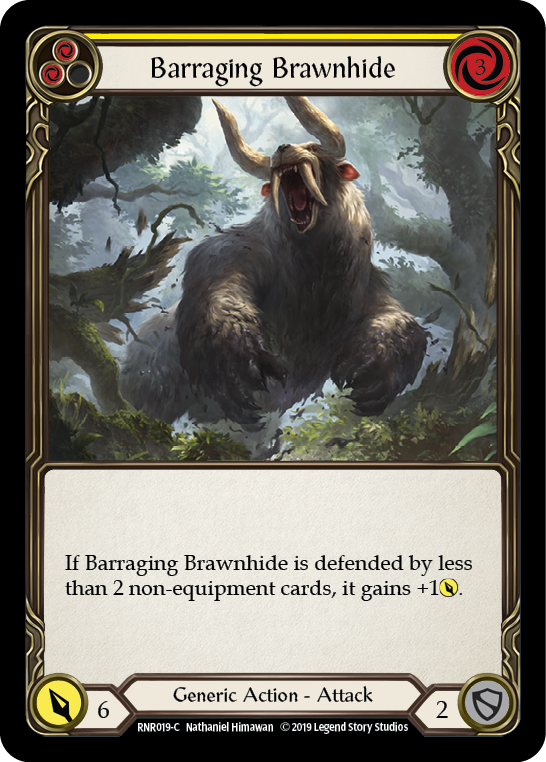 Flesh and Blood TCG | Barraging Brawnhide (Yellow) [RNR019-C] (Rhinar Hero Deck)  1st Edition Normal | The Nerd Merchant