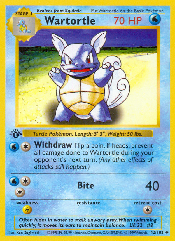 Pokemon | Wartortle (42/102) (Shadowless) [Base Set 1st Edition] | The Nerd Merchant)