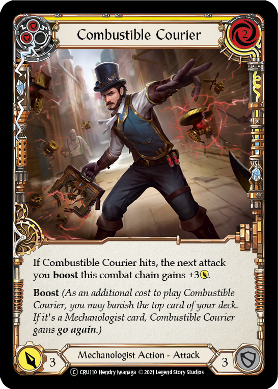 Flesh and Blood TCG | Combustible Courier (Yellow) [U-CRU110] (Crucible of War Unlimited)  Unlimited Rainbow Foil | The Nerd Merchant