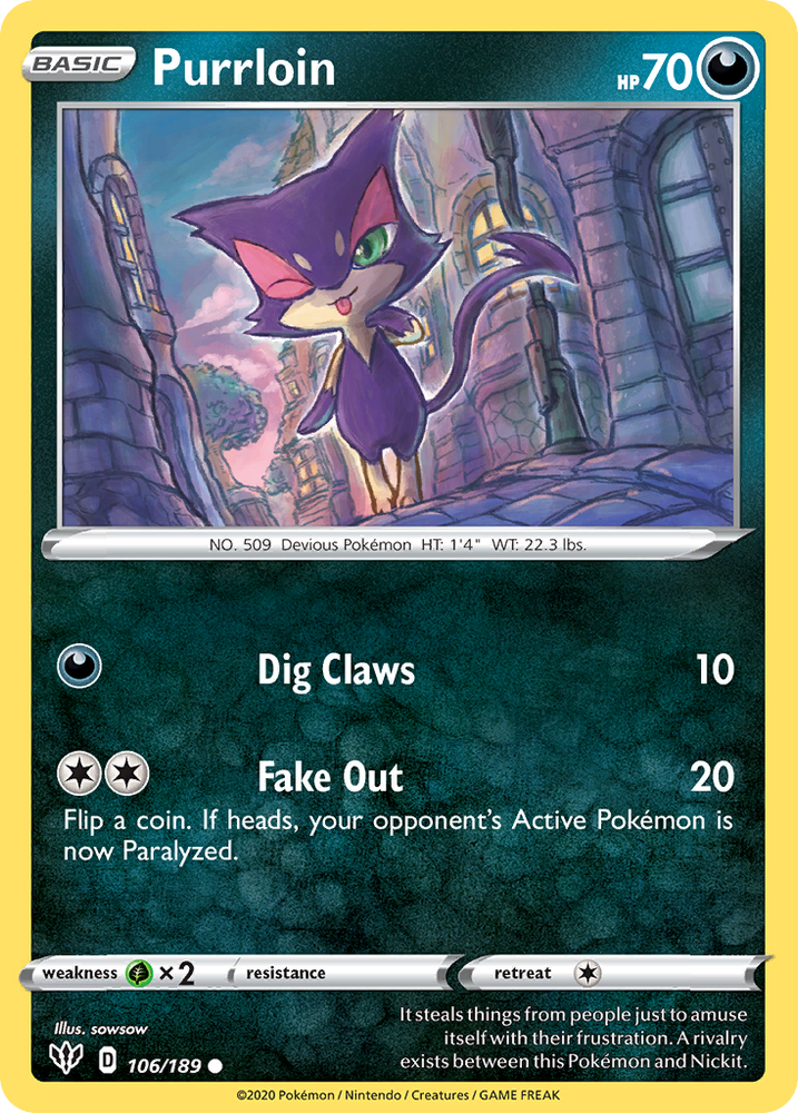 Pokemon | Purrloin (106/189) [Sword & Shield: Darkness Ablaze] | The Nerd Merchant