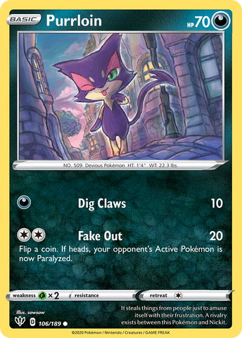 Pokemon | Purrloin (106/189) [Sword & Shield: Darkness Ablaze] | The Nerd Merchant