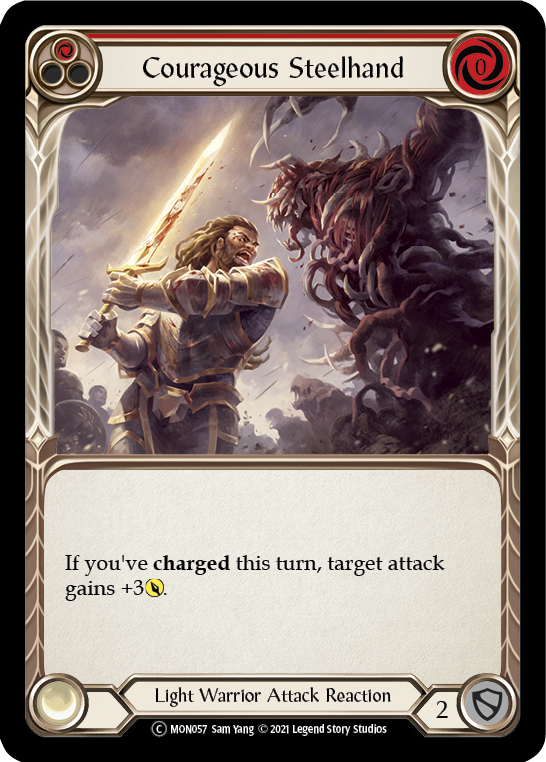 Flesh and Blood TCG | Courageous Steelhand (Red) [U-MON057-RF] (Monarch Unlimited)  Unlimited Rainbow Foil | The Nerd Merchant