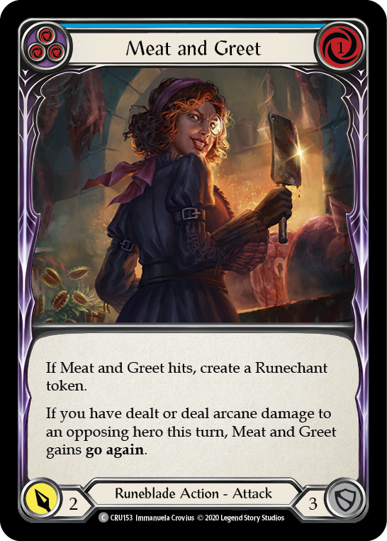 Flesh and Blood TCG | Meat and Greet (Blue) [CRU153] (Crucible of War)  1st Edition Rainbow Foil | The Nerd Merchant